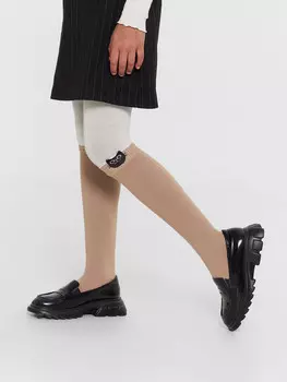 Колготки детские бежевые с имитацией гольфов и узором в виде котика