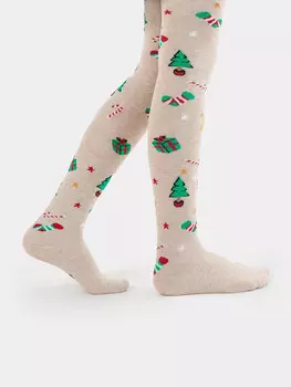 Колготки детские бежевые с рисунком в виде елок и печенья