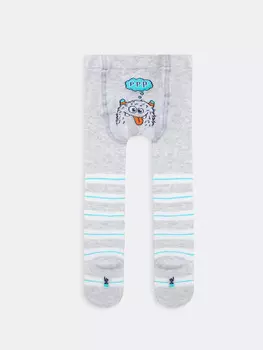 Колготки детские серые с рисунком в виде монстрика на ластовице