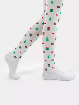 Колготки детские серые с рисунком в виде новогодних елок и подарков
