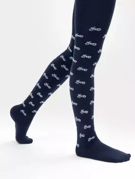 Колготки детские в темно-синем цвете с рисунком в виде мелких мотоциклов