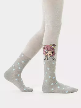Колготки для девочек серые с рисунком в виде аниме и сердечек