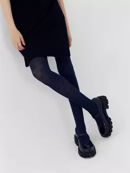 Колготки для девочек темно-синие с сеткой и рисунком в виде сердечек