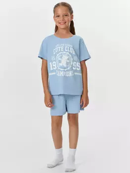 Комплект домашний для девочек голубой с принтом и надписью