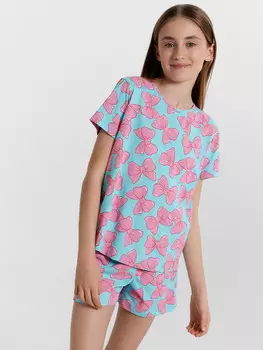 Комплект домашний для девочек голубой с розовыми бантиками