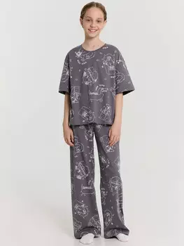 Комплект домашний для девочек серый с принтом