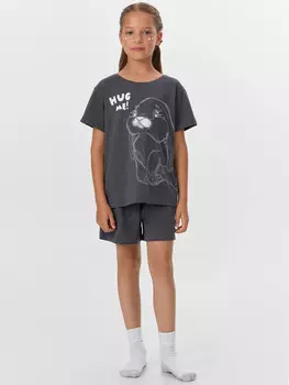 Комплект домашний для девочек серый с принтом и надписью