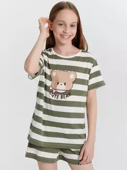 Комплект домашний для девочек в полоску с принтом