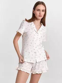 Комплект домашний женский белый с цветочным принтом