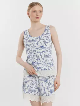 Комплект домашний женский белый с принтом и кружевом