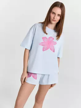 Комплект домашний женский голубой с цветочным принтом