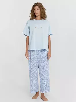 Комплект домашний женский голубой с принтом и надписью