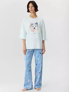 Комплект домашний женский голубой с рисунком собачки