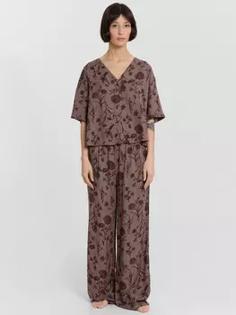 Комплект домашний женский коричневый с цветочным принтом
