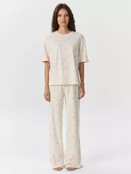 Комплект домашний женский кремовый с цветочным принтом