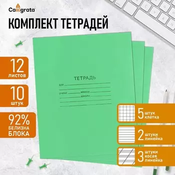 Комплект тетрадей из 10 штук (5 в клетку, 3 в косую линию, 2 в линию), 12 листов кпк