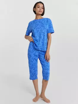 Комплект домашний женский синий с растительным принтом