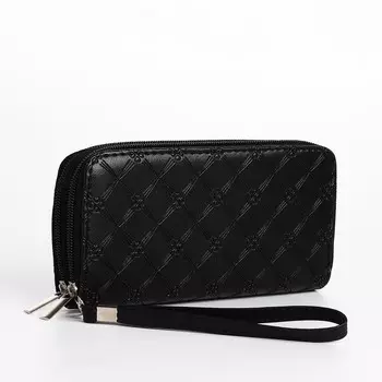 Кошелек женский на молниях с ремешком, 19.549.5 см, с тиснением, черный
