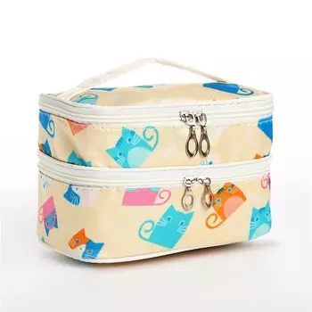 Косметичка - органайзер на молнии, с отделами, с рисунком, бежевая/голубая