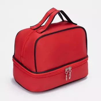 Косметичка-сундучок на молнии, с двумя отделами, с ручками, однотонная, красная