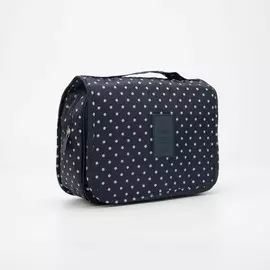 Косметичка-несессер дорожная на молнии, липучках, с крючком, с ручкой, в горошек, темно-синяя