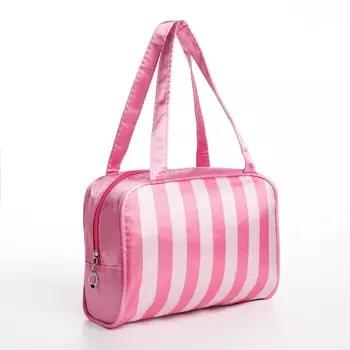 Косметичка-сумка на молнии, средний размер, в полоску, розовая/белая