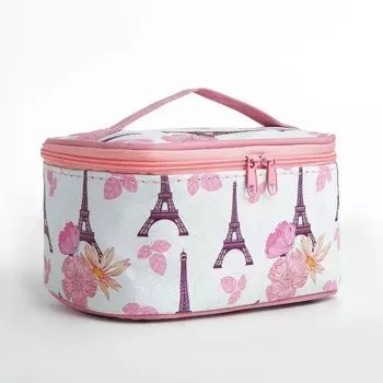 Косметичка-сундучок женская на молнии, на подкладке, с ручкой, белая/розовая