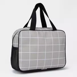 Косметичка-сумка на молнии, с ручками, с сеткой, большая, в клетку, бежевая