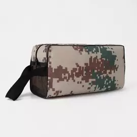 Косметичка на молнии мужская, с ручкой, с принтом, с сеткой, бежевая/зеленая