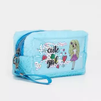 Косметичка на молнии с ручкой, плюшевая, с принтом cute girl, голубая