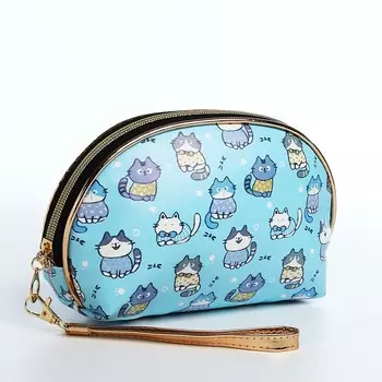 Косметичка женская на молнии, с подкладкой, ручкой, с принтом, голубая