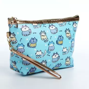 Косметичка простая на молнии, с ручкой, с подкладкой, с принтом, голубая