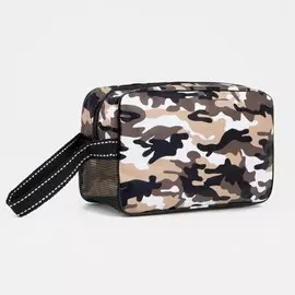 Косметичка на молнии мужская, с ручкой, с принтом, с сеткой, камуфляж/коричневая