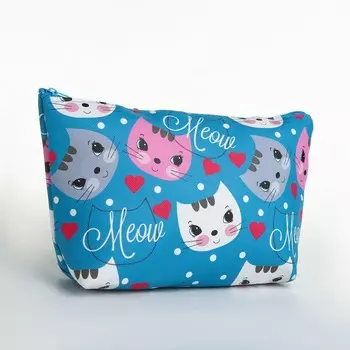 Косметичка на молнии простая, средний размер, с рисунком, синяя