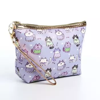 Косметичка простая на молнии, с ручкой, с подкладкой, с принтом, сиреневая