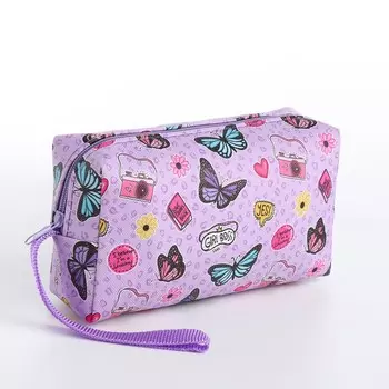 Косметичка-футляр женская с ручкой, объемная, маленькая, для косметики, лекарств, прокладок, сиреневая/разноцветная