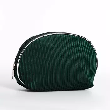 Косметичка на молнии женская, с подкладкой, вельветовая, зеленая