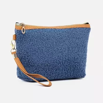 Косметичка женская на молнии, с подкладом, ручкой, плюшевая, синяя