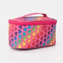 Косметичка-сундучок на молнии, на подкладке, с ручкой, зеркалом, с рисунком, розовая/разноцветная