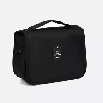 Косметичка-несессер дорожная на молнии, липучках, с крючком, с ручкой, однотонная, черная