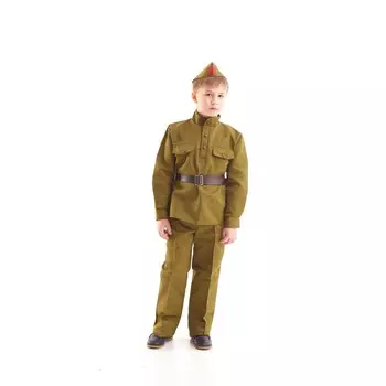Костюм военного, гимнастерка, ремень, пилотка, брюки, 8-10 лет, рост 140-152 см