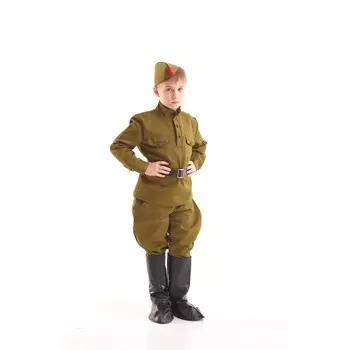 Костюм военного, гимнастерка, ремень, пилотка, галифе, сапоги, 5-7 лет, рост 122-134 см