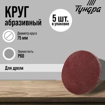 Круг абразивный шлифовальный тундра, для дрели, м8, 75 мм, p60, 5 шт.