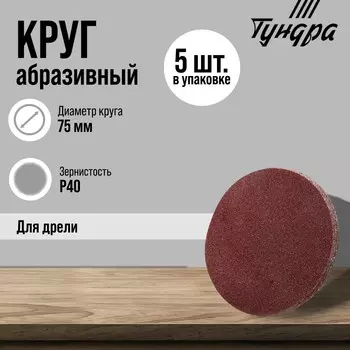 Круг абразивный шлифовальный тундра, для дрели, м8, 75 мм, p40, 5 шт.