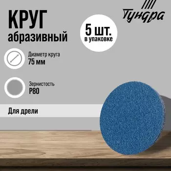 Круг абразивный шлифовальный тундра, по нержавеющей стали, для дрели, м8, 75 мм, p80, 5 шт.