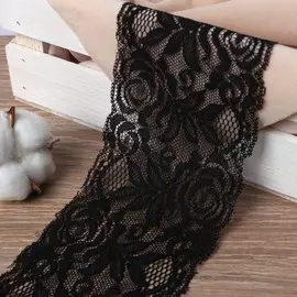 Кружево эластичное, 80 мм × 10 ± 1 м, цвет чёрный