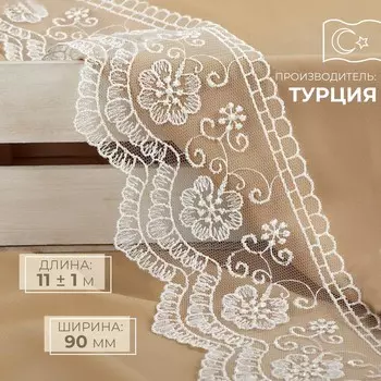 Кружево на сетке, 90 мм, 11±1 м, белое