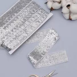 Лента декоративная с пайетками, 4 см, 10 ± 1 м, цвет серебряный