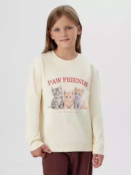 Лонгслив для девочек кремовый с принтом и надписью