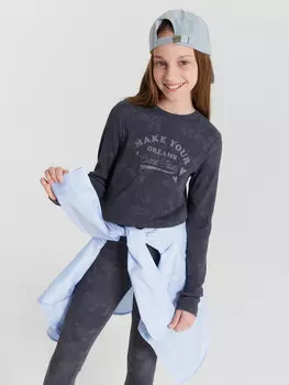 Лонгслив для девочек серый с обработкой эйсид и надписью